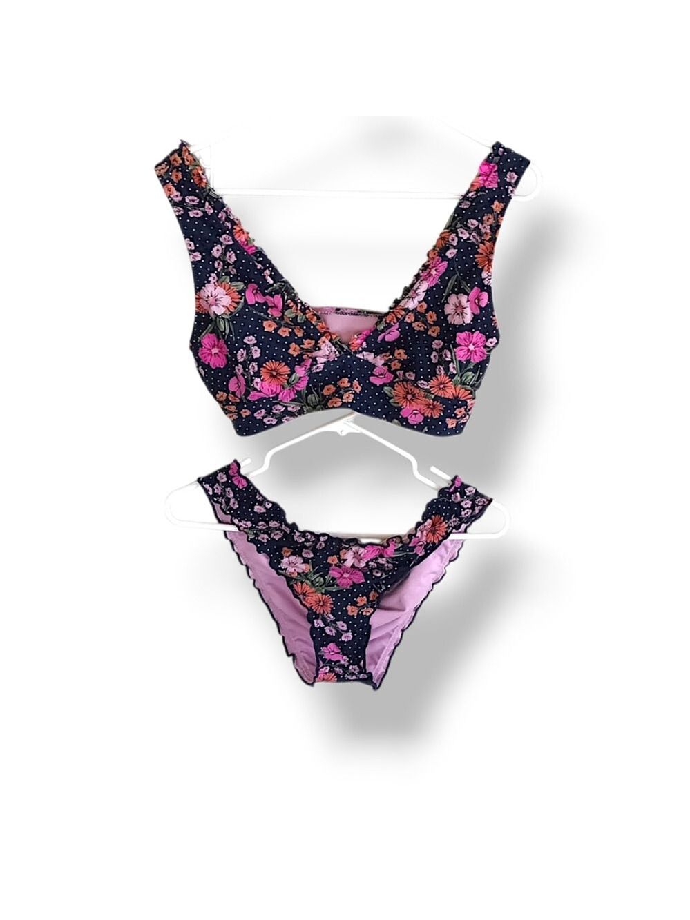 Shade & Shore Purple Floral Bikini Ruffle Hem Femme Ruched Swim Cute Beach Med